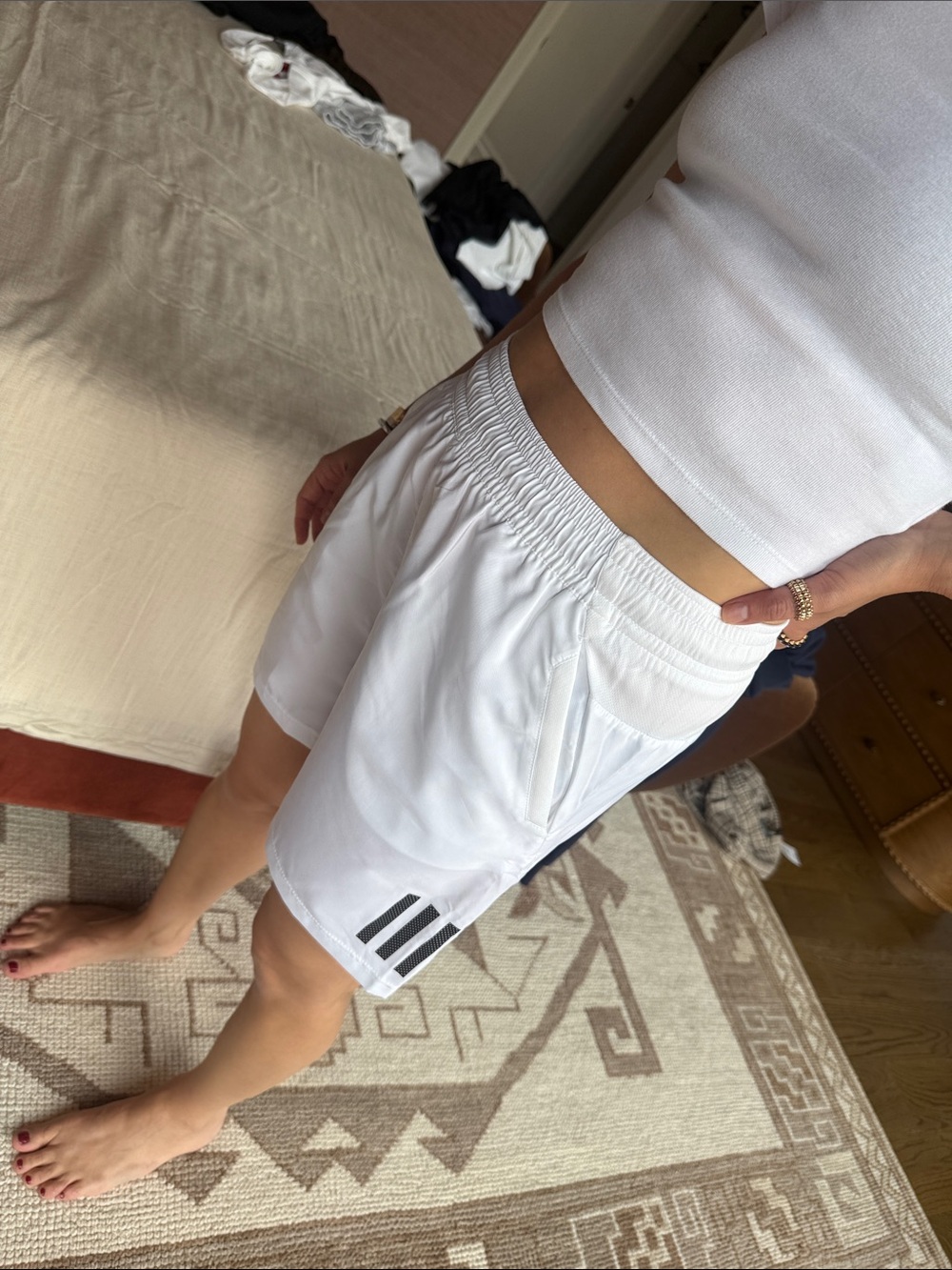 adidas White Athletic Shorts with Black Stripe Detail